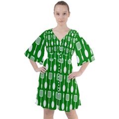 Green And White Kitchen Utensils Pattern Boho Button Up Dress by GardenOfOphir