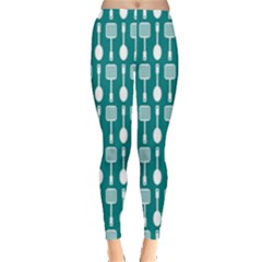 Teal And White Spatula Spoon Pattern Leggings  by GardenOfOphir