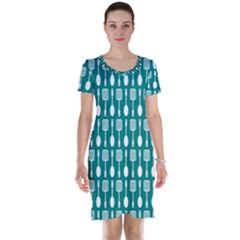 Teal And White Spatula Spoon Pattern Short Sleeve Nightdress by GardenOfOphir