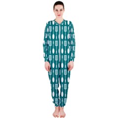 Teal And White Spatula Spoon Pattern Onepiece Jumpsuit (ladies) by GardenOfOphir