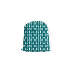 Teal And White Spatula Spoon Pattern Drawstring Pouch (xs) by GardenOfOphir