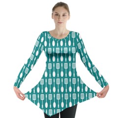 Teal And White Spatula Spoon Pattern Long Sleeve Tunic 