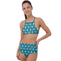 Teal And White Spatula Spoon Pattern High Waist Tankini Set by GardenOfOphir