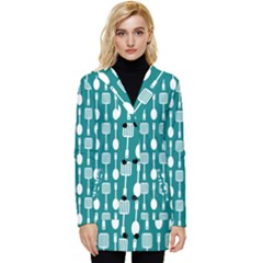 Teal And White Spatula Spoon Pattern Button Up Hooded Coat  by GardenOfOphir