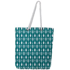 Teal And White Spatula Spoon Pattern Full Print Rope Handle Tote (large) by GardenOfOphir