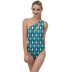Teal And White Spatula Spoon Pattern To One Side Swimsuit by GardenOfOphir