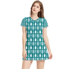 Teal And White Spatula Spoon Pattern Women s Sports Skirt