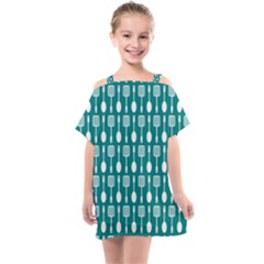 Teal And White Spatula Spoon Pattern Kids  One Piece Chiffon Dress by GardenOfOphir