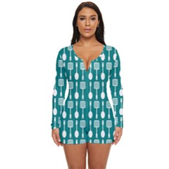 Teal And White Spatula Spoon Pattern Long Sleeve Boyleg Swimsuit