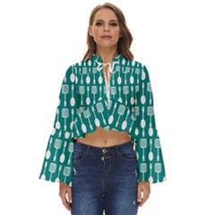 Teal And White Spatula Spoon Pattern Boho Long Bell Sleeve Top