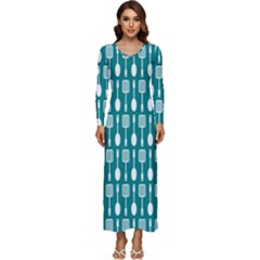 Teal And White Spatula Spoon Pattern Long Sleeve Longline Maxi Dress