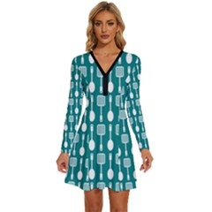 Teal And White Spatula Spoon Pattern Long Sleeve Deep V Mini Dress  by GardenOfOphir