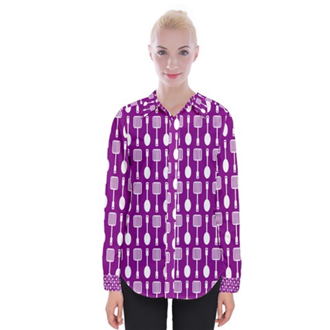 Magenta Spatula Spoon Pattern Womens Long Sleeve Shirt by GardenOfOphir