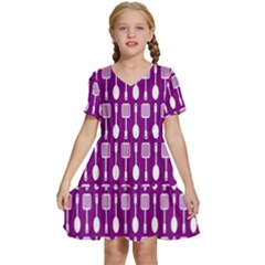 Magenta Spatula Spoon Pattern Kids  Short Sleeve Tiered Mini Dress by GardenOfOphir