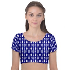 Indigo Spatula Spoon Pattern Velvet Short Sleeve Crop Top  by GardenOfOphir