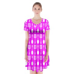 Purple Spatula Spoon Pattern Short Sleeve V-neck Flare Dress