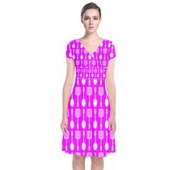 Purple Spatula Spoon Pattern Short Sleeve Front Wrap Dress