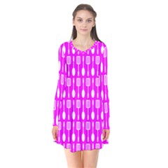 Purple Spatula Spoon Pattern Long Sleeve V-neck Flare Dress
