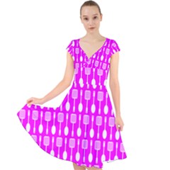 Purple Spatula Spoon Pattern Cap Sleeve Front Wrap Midi Dress