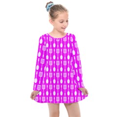 Purple Spatula Spoon Pattern Kids  Long Sleeve Dress