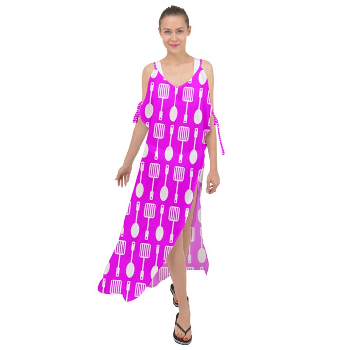 Purple Spatula Spoon Pattern Maxi Chiffon Cover Up Dress