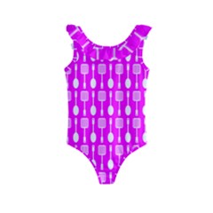 Purple Spatula Spoon Pattern Kids  Frill Swimsuit