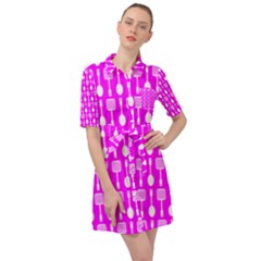 Purple Spatula Spoon Pattern Belted Shirt Dress
