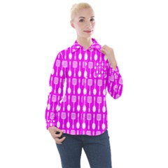 Purple Spatula Spoon Pattern Women s Long Sleeve Pocket Shirt