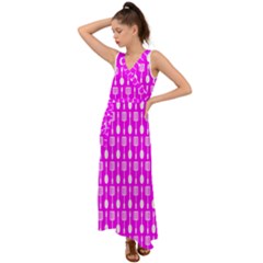 Purple Spatula Spoon Pattern V-Neck Chiffon Maxi Dress