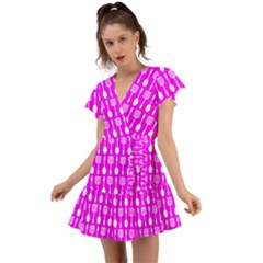 Purple Spatula Spoon Pattern Flutter Sleeve Wrap Dress