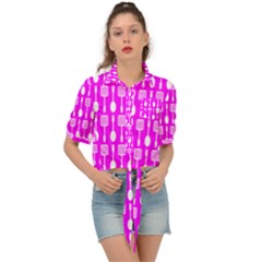 Purple Spatula Spoon Pattern Tie Front Shirt 