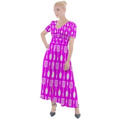 Purple Spatula Spoon Pattern Button Up Short Sleeve Maxi Dress