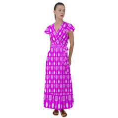 Purple Spatula Spoon Pattern Flutter Sleeve Maxi Dress