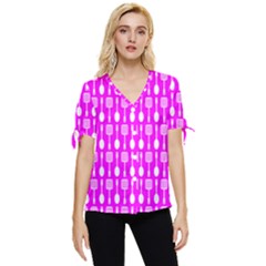 Purple Spatula Spoon Pattern Bow Sleeve Button Up Top