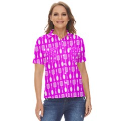 Purple Spatula Spoon Pattern Women s Short Sleeve Double Pocket Shirt