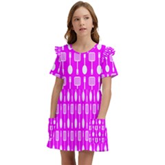 Purple Spatula Spoon Pattern Kids  Frilly Sleeves Pocket Dress