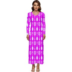 Purple Spatula Spoon Pattern Long Sleeve Longline Maxi Dress