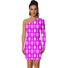 Purple Spatula Spoon Pattern Long Sleeve One Shoulder Mini Dress