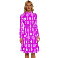 Purple Spatula Spoon Pattern Long Sleeve Shirt Collar A-Line Dress