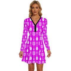 Purple Spatula Spoon Pattern Long Sleeve Deep V Mini Dress 