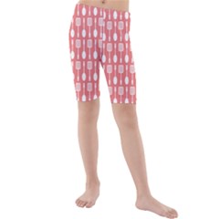 Coral And White Kitchen Utensils Pattern Kids  Mid Length Swim Shorts