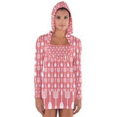 Coral And White Kitchen Utensils Pattern Long Sleeve Hooded T-shirt by GardenOfOphir