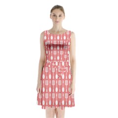 Coral And White Kitchen Utensils Pattern Sleeveless Waist Tie Chiffon Dress by GardenOfOphir
