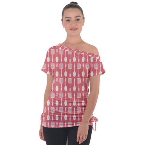 Coral And White Kitchen Utensils Pattern Off Shoulder Tie-up Tee by GardenOfOphir