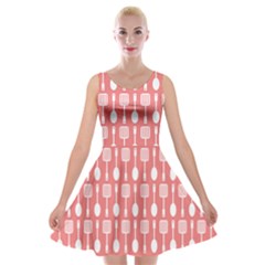 Coral And White Kitchen Utensils Pattern Velvet Skater Dress by GardenOfOphir