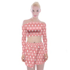 Coral And White Kitchen Utensils Pattern Off Shoulder Top With Mini Skirt Set by GardenOfOphir