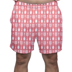 Coral And White Kitchen Utensils Pattern Men s Shorts by GardenOfOphir