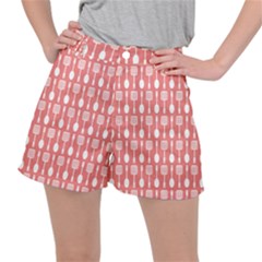 Coral And White Kitchen Utensils Pattern Women s Ripstop Shorts by GardenOfOphir