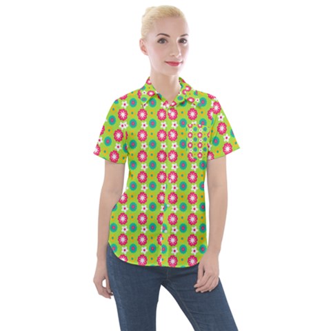 Cute Floral Pattern Women s Short Sleeve Pocket Shirt by GardenOfOphir