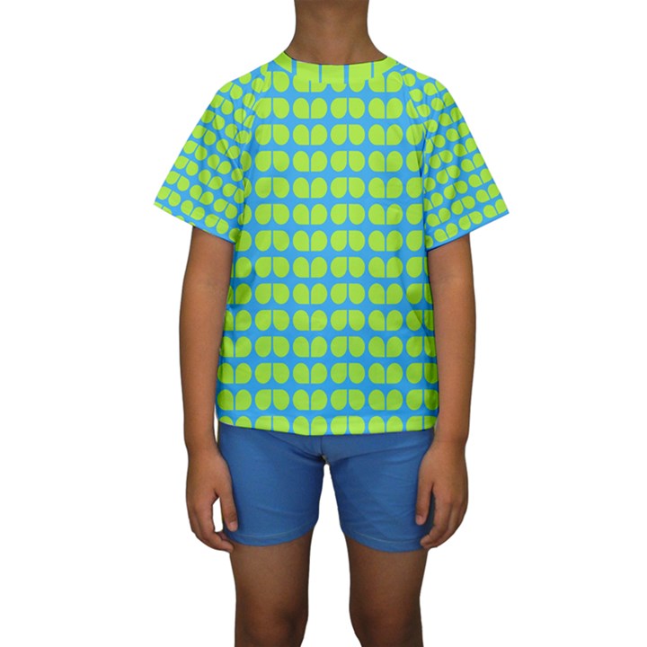 Blue Lime Leaf Pattern Kids  Short Sleeve Swimwear